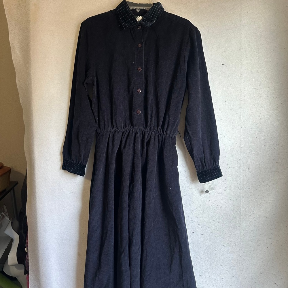 Orvis Navy Blue Corduroy Polka Dot Velvet Trim Midi Dress 16P NWT